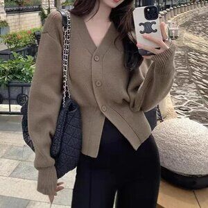 Light Taupe Korean Style Cardigan Sweater, V-neck, Cinched Waist